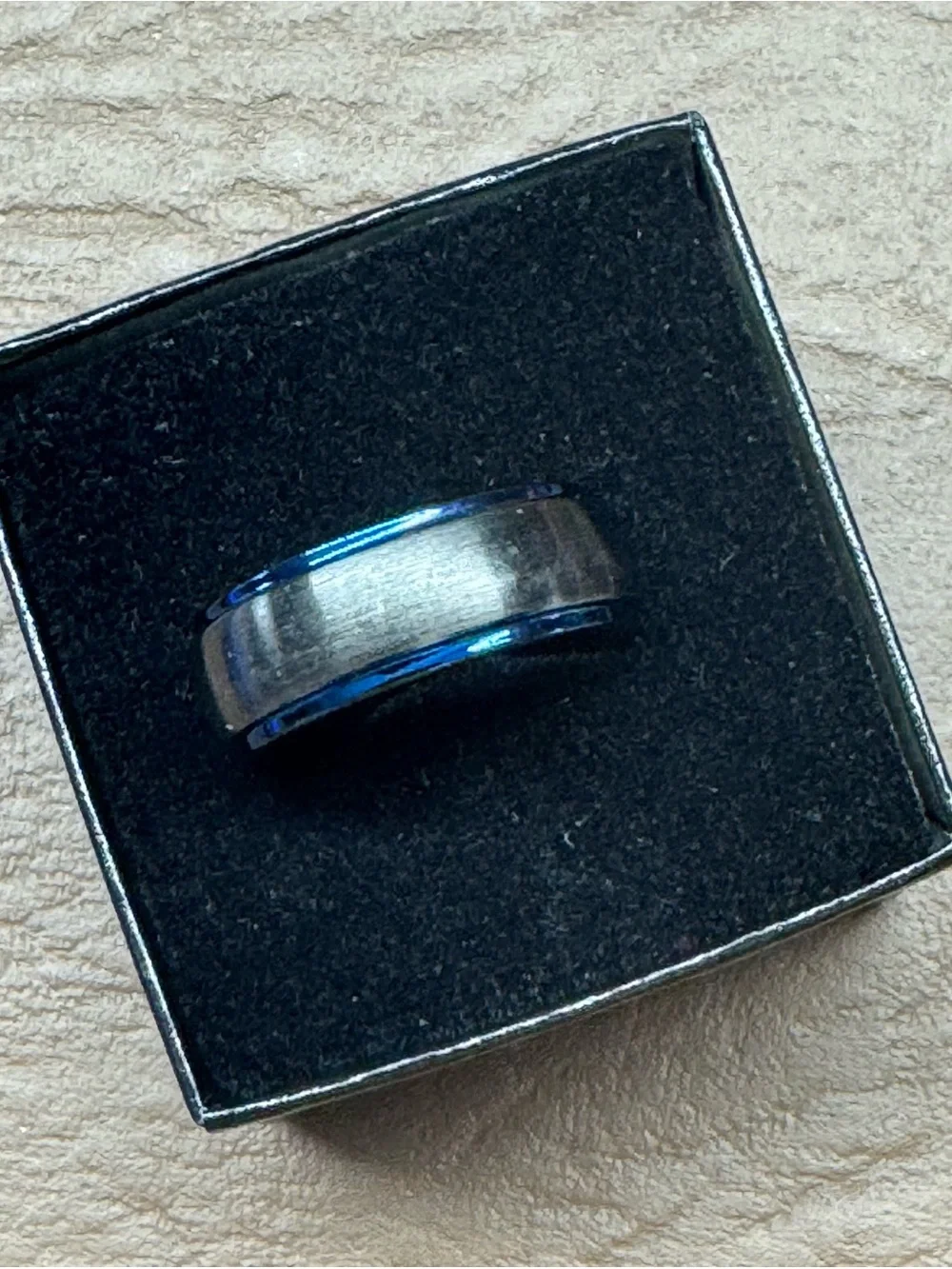Tungsten Two-Tone Black Grey & Blue Grooved Inlay 8MM Wedding Band Size 8.5
